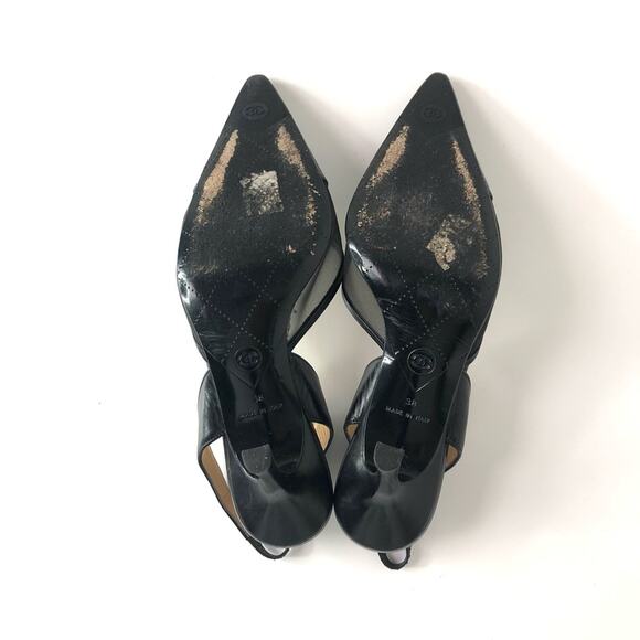 Vintage Chanel CC Logo Leather and Mesh Pointed Toe Slingback Pumps 38 - Picture 9 of 10